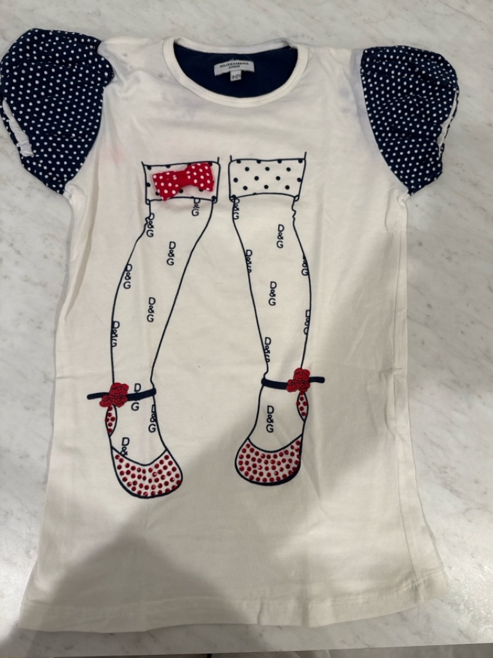 Dolce & Gabbana White Tee with Navy Polka Puff Sleeves and Red Bow Accents